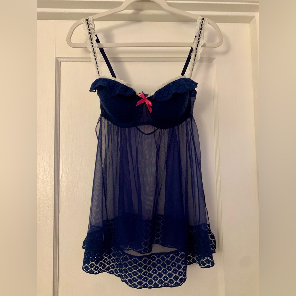 Victorias Secret "Sexy Little Things" Lace Babydoll Sheer Bustier Navy Blue 36D